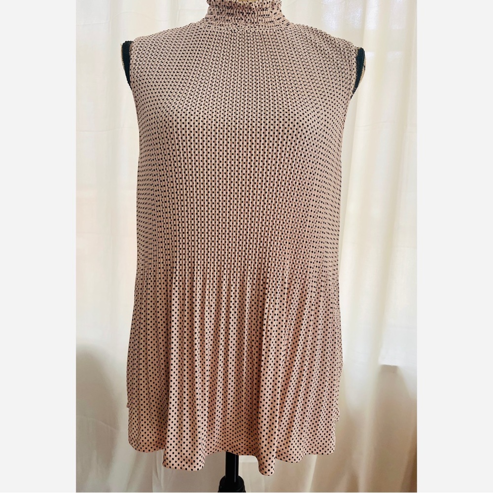 Adrianna Papell Light Pink Polka Dot Smocked Mock Neck Blouse, Size Large